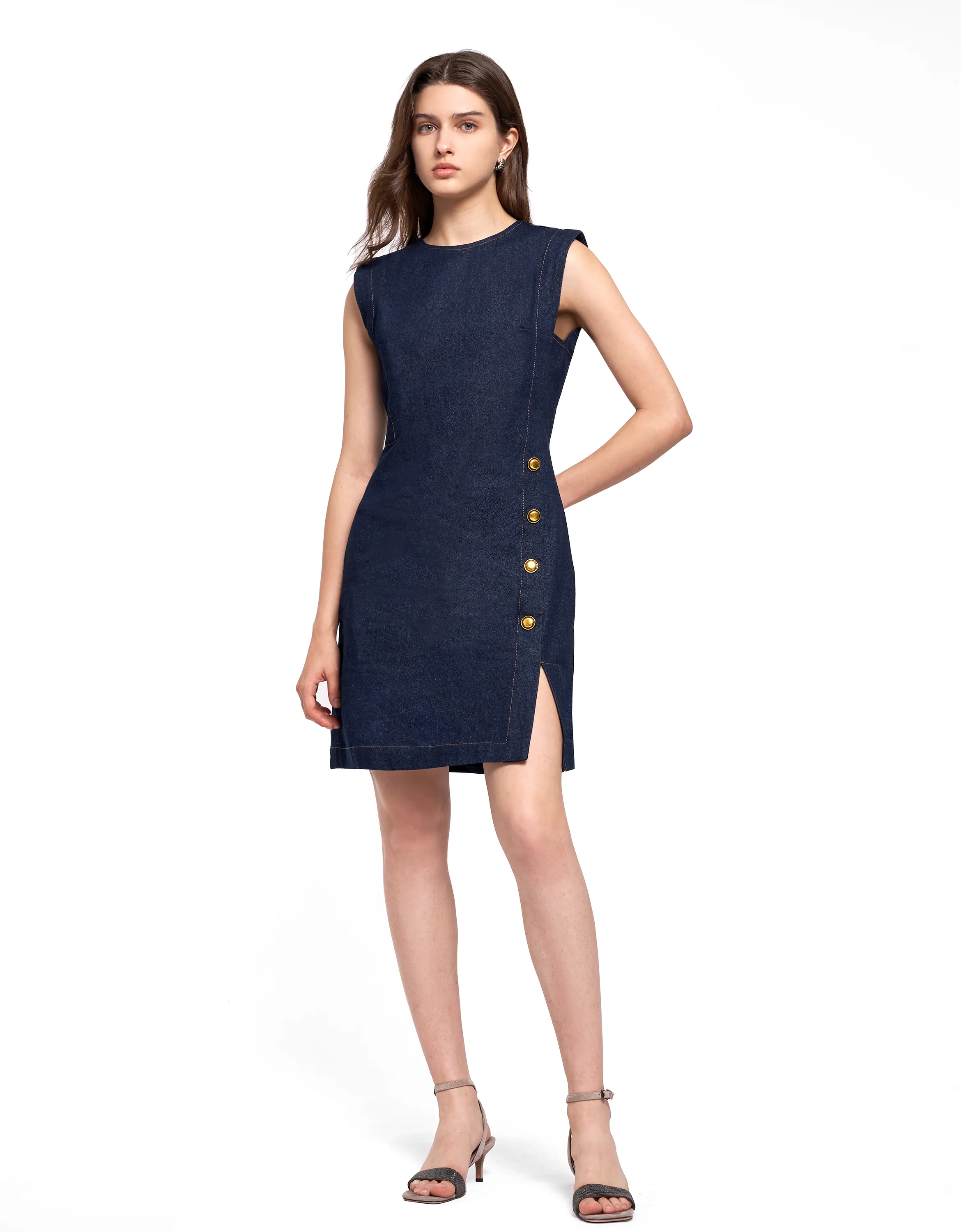 Wide Shoulder Hem Slit Denim Dress